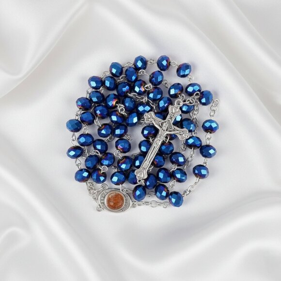 Deep Blue Metallic Crystal Rosary Necklace Jesus Cross Religious Jewelry NWOT - Picture 3 of 8